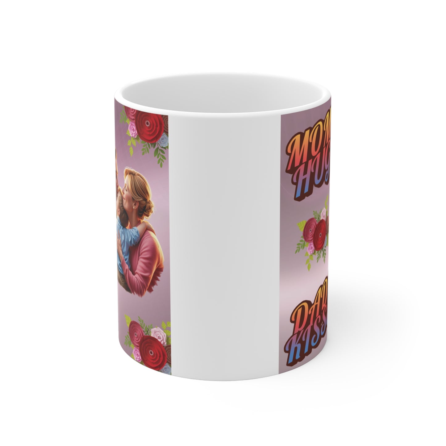 Cute family love mug featuring parents kissing child with ‘Mom’s Hugs Dad’s Kisses’ quote and floral accents