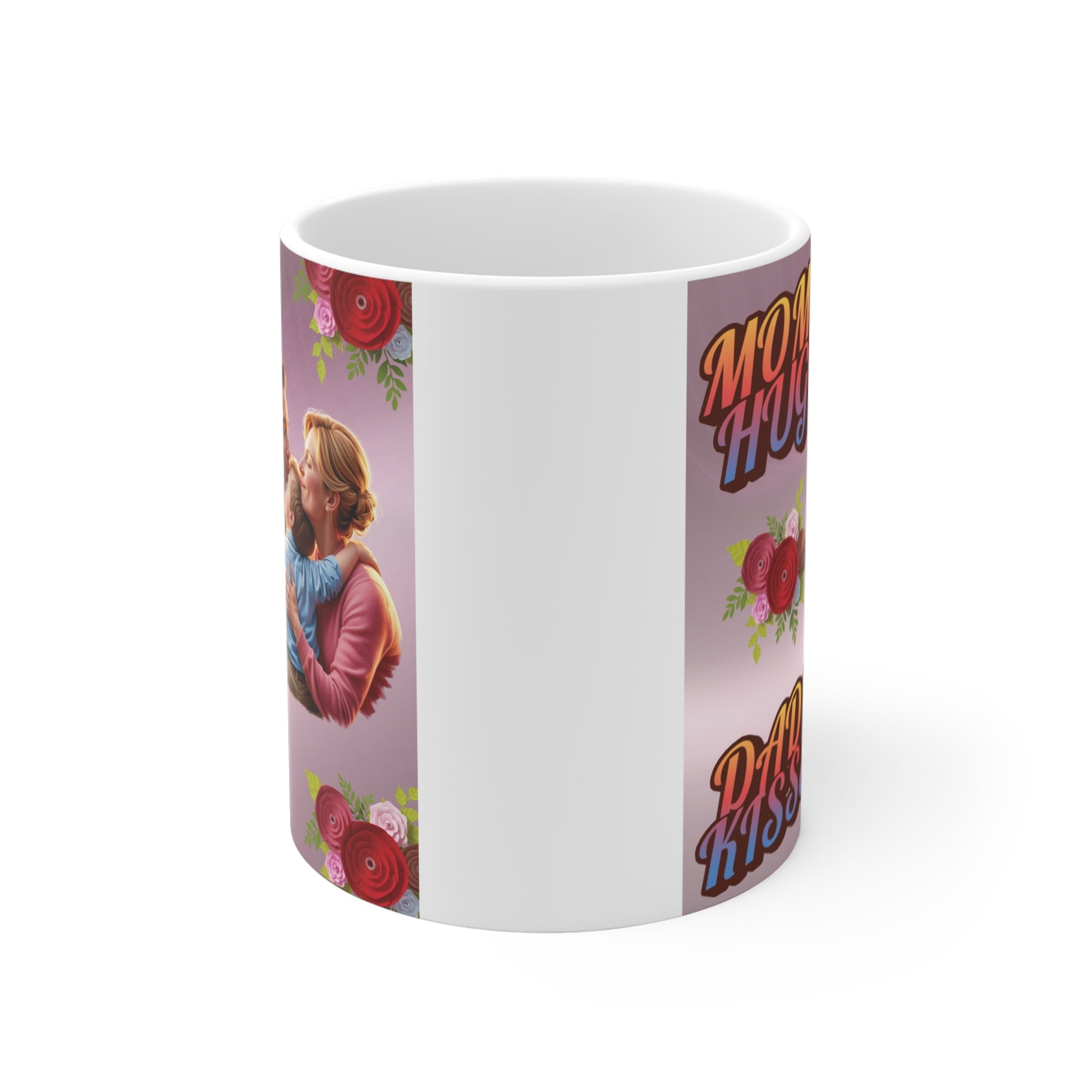 Cute family love mug featuring parents kissing child with ‘Mom’s Hugs Dad’s Kisses’ quote and floral accents