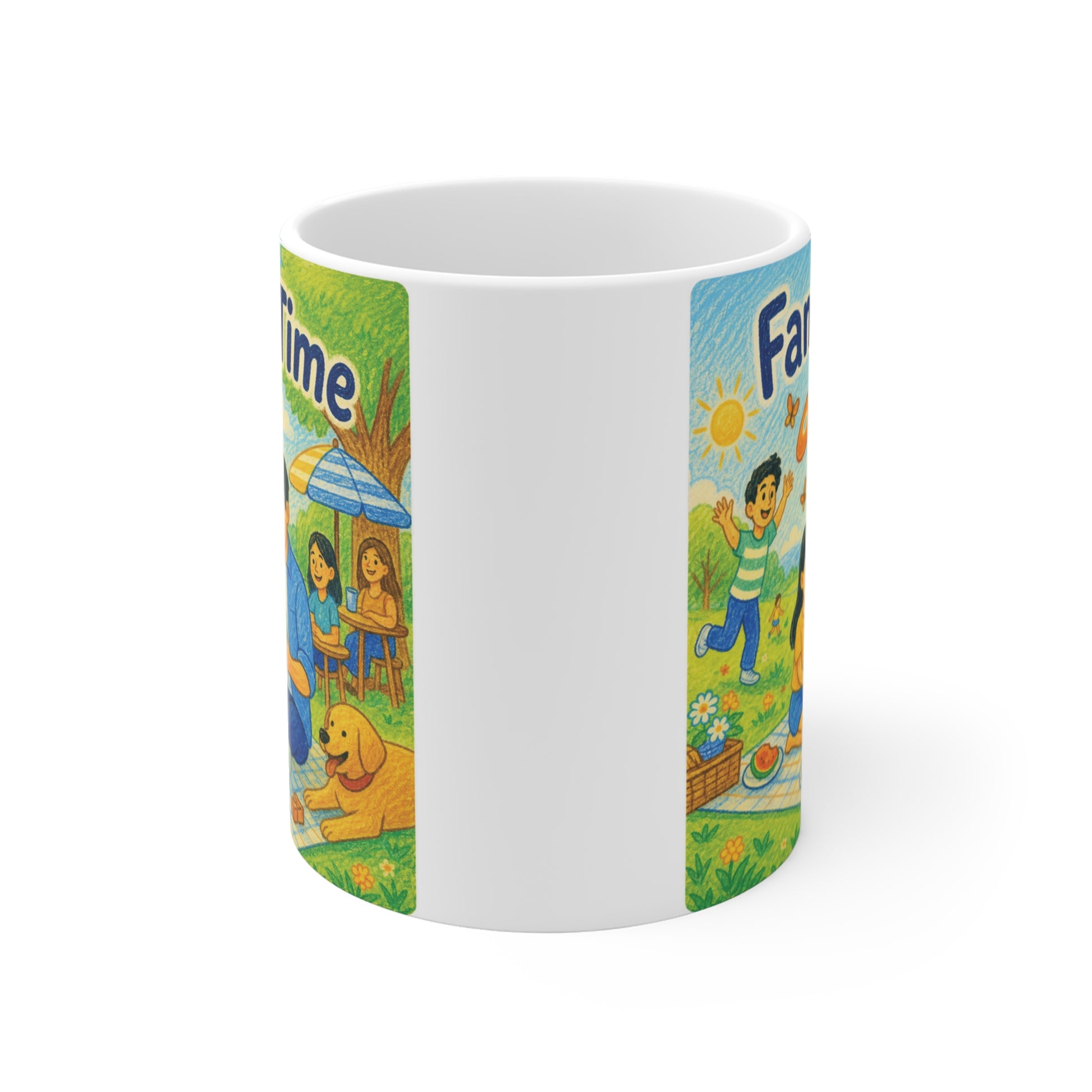 Cute family themed coffee mug with bright cartoon picnic artwork and Family Time text design