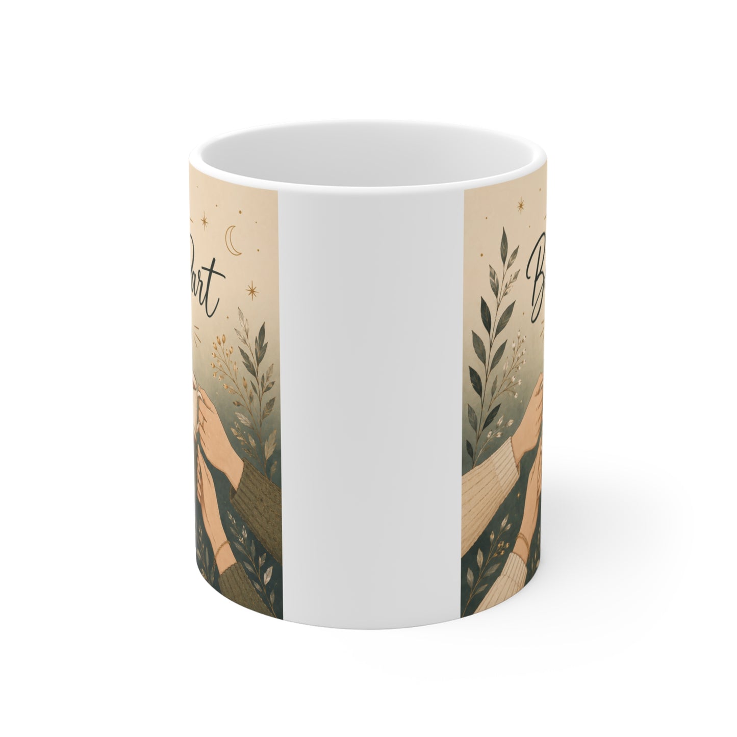 Cute aesthetic coffee mug featuring hands holding coffee cups with warm neutral tones and sentimental togetherness message