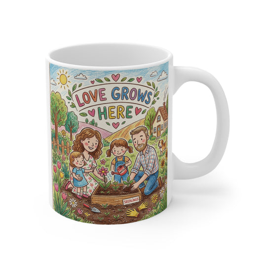 11oz ceramic mug with watercolor family gardening illustration and the quote “Love Grows Here”