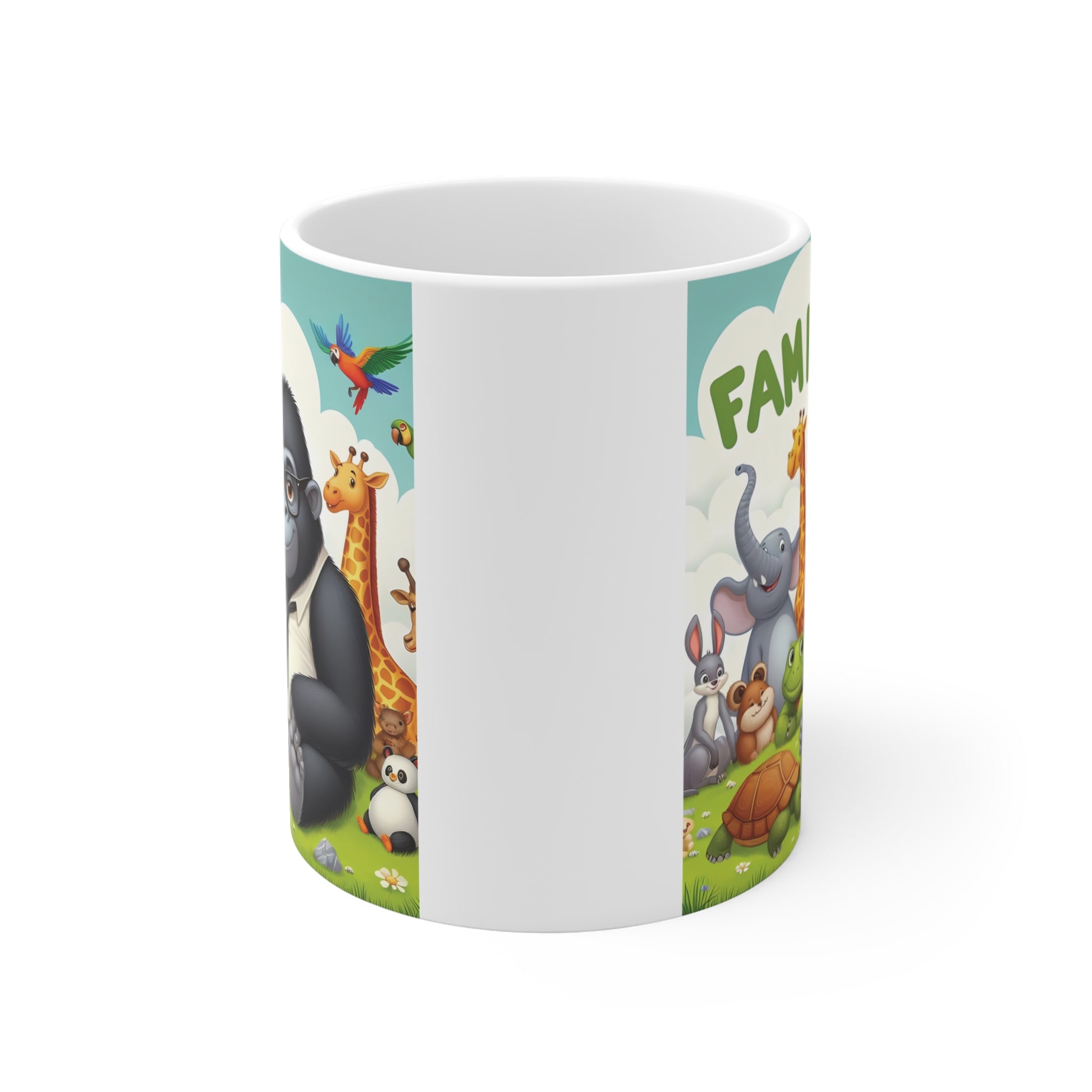 Family-themed coffee mug with a friendly gorilla wearing glasses and a tie, sitting among colorful cartoon jungle animals in a cheerful outdoor scene.