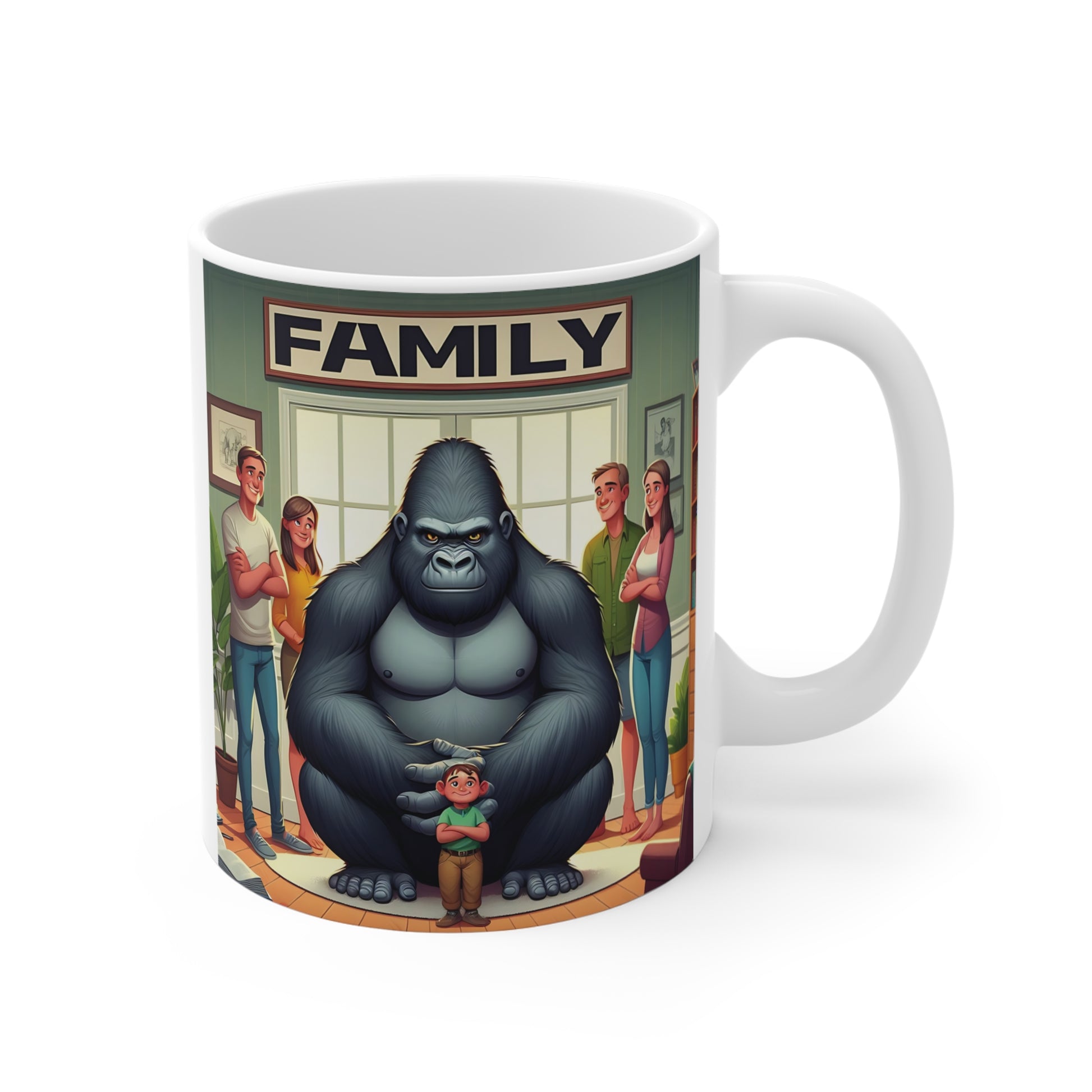 Large protective gorilla sitting with a child surrounded by family members in a cozy home, featured on a white ceramic coffee mug.