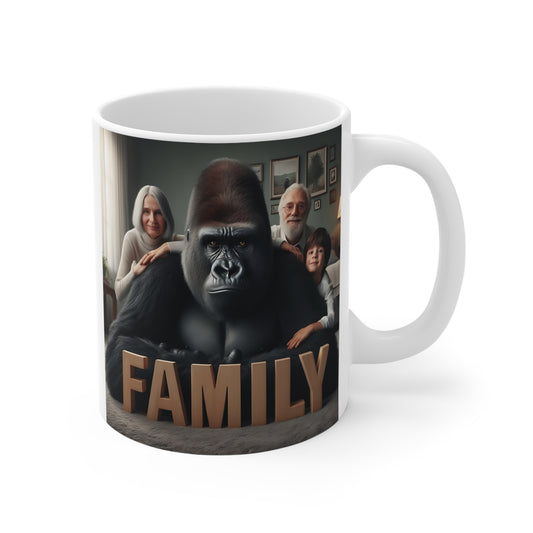 Realistic gorilla sitting with grandparents and a child in a family portrait scene, featuring the word "FAMILY" on a white ceramic mug.