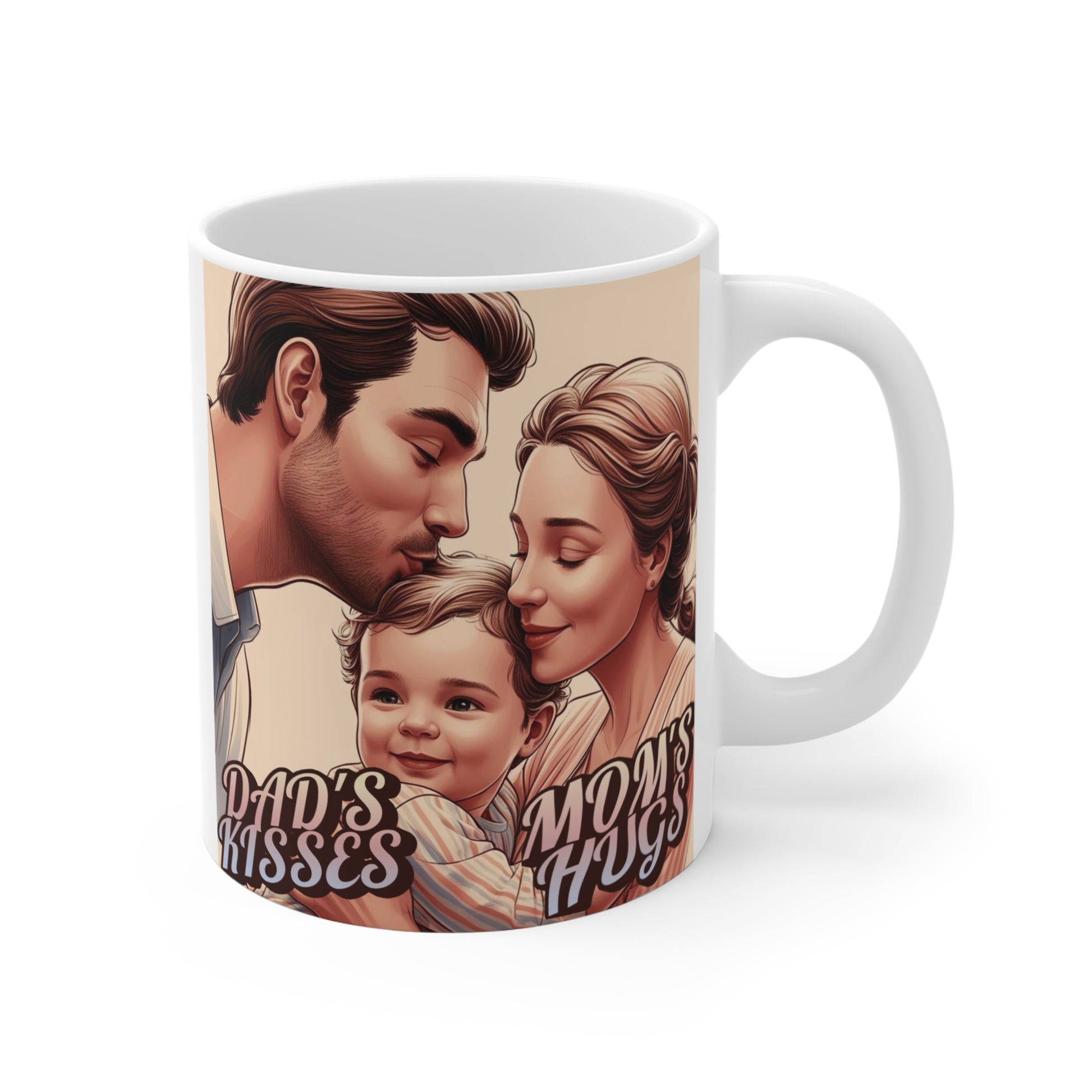 Family love coffee mug with parents kissing baby, “Dad’s Kisses Mom’s Hugs” quote, heartwarming parenting gift