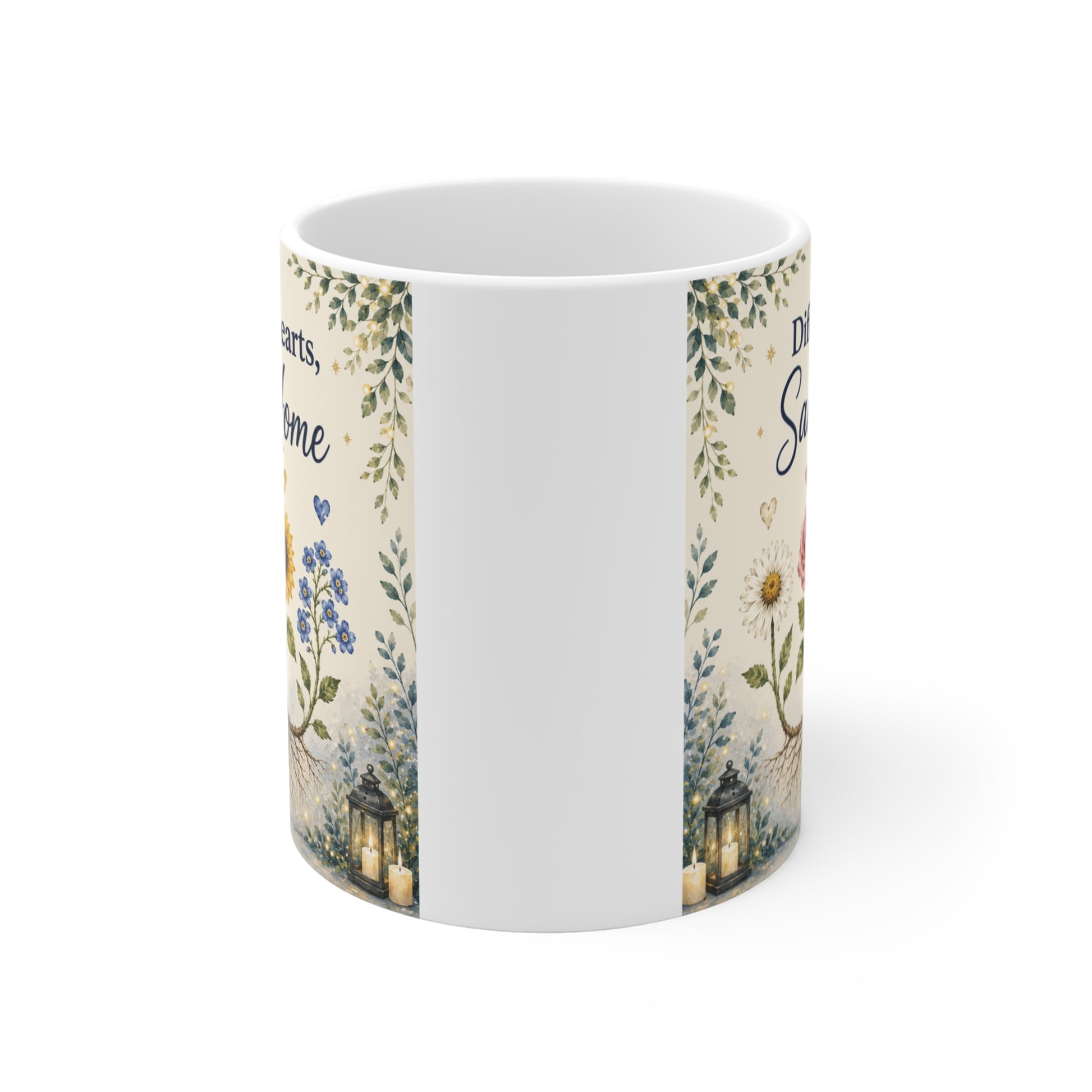 Botanical family coffee mug with watercolor wildflowers, sentimental quote, and farmhouse-style artwork on an 11oz ceramic cup.