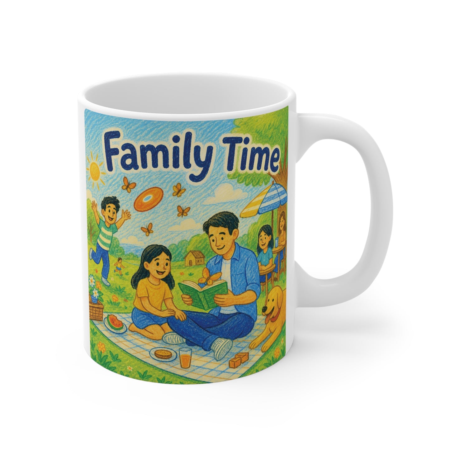 11oz ceramic coffee mug with colorful Family Time illustration featuring a happy family picnic outdoors