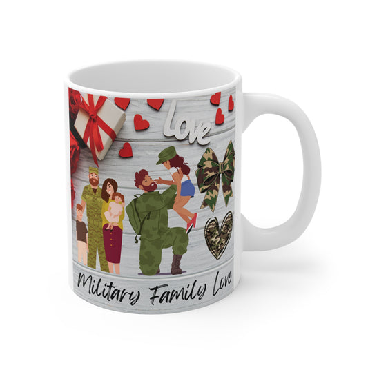 Military family love mug with soldier reunion and hearts, patriotic gift for army families