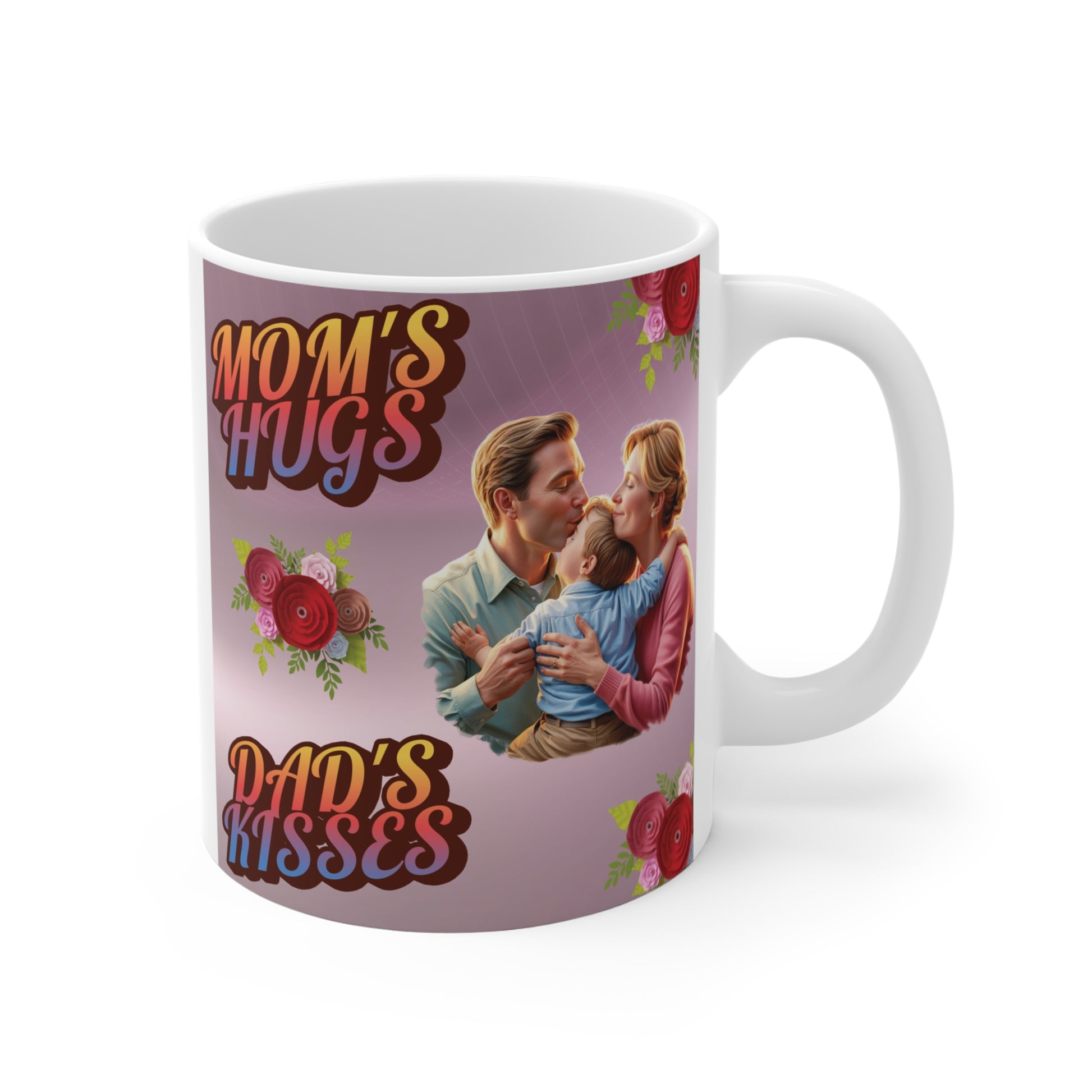 Mom’s hugs dad’s kisses mug with loving parents and child illustration, sentimental family gift coffee cup