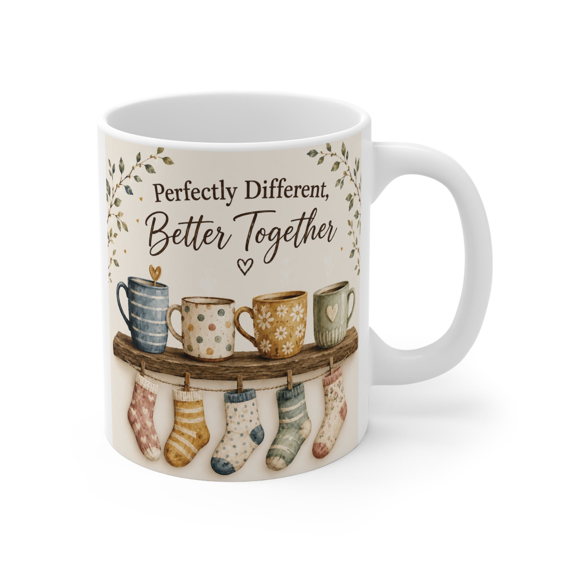 11oz ceramic cottagecore mug with “Perfectly Different Better Together” quote and watercolor coffee cup illustration