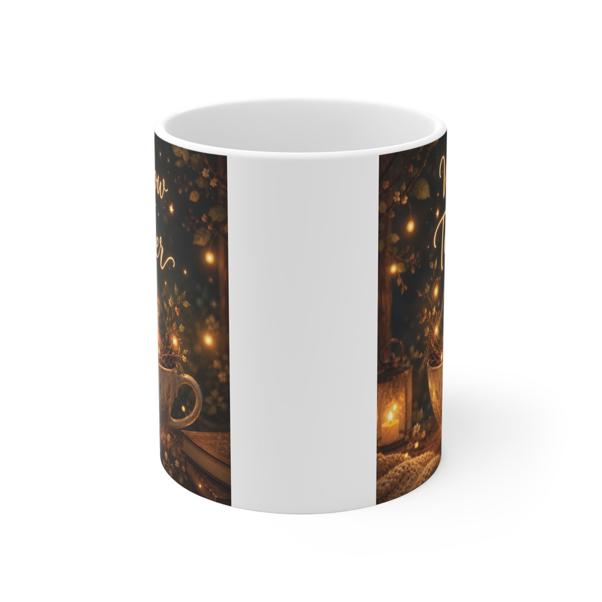 Cute cottagecore coffee mug featuring warm firefly lights and baby birds inside a vintage cup