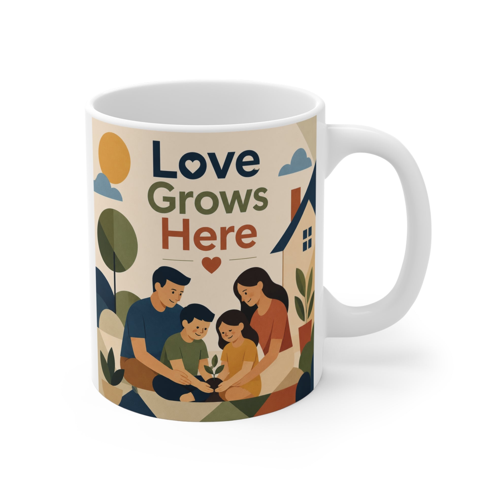 Love Grows Here 11oz ceramic coffee mug with cute family illustration and modern earthy color design