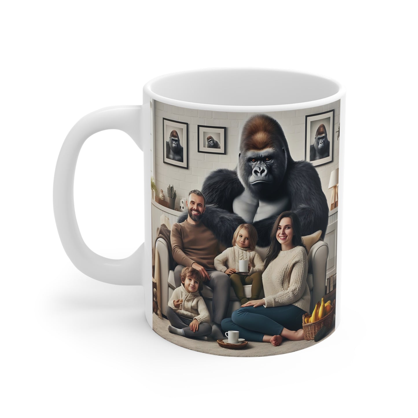 Creative family portrait mug showing parents, children, and a majestic gorilla gathered in a comfortable living room, blending family warmth with wildlife-inspired art.