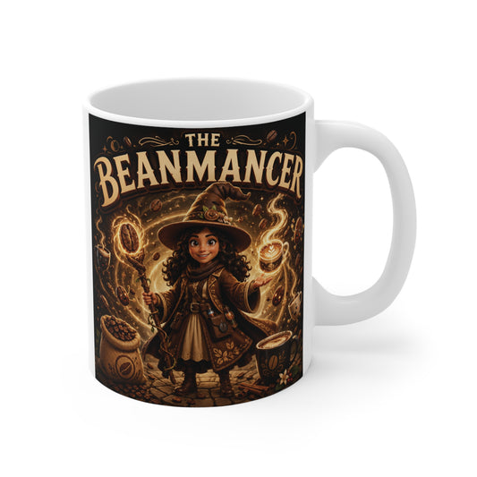 11oz ceramic mug featuring The Beanmancer, an adorable fantasy coffee wizard surrounded by magical coffee beans and warm autumn-inspired artwork for coffee lovers.