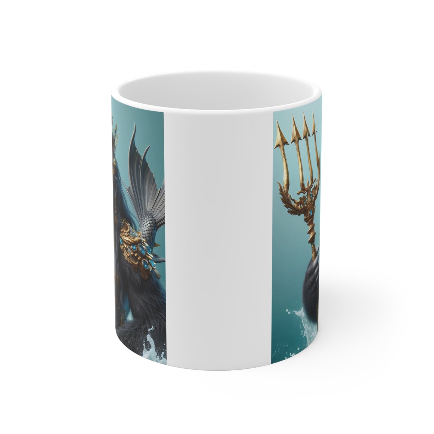 Ceramic coffee mug displaying a majestic gorilla queen adorned with gold jewelry, blue gemstones, and a trident against a sea-themed background.