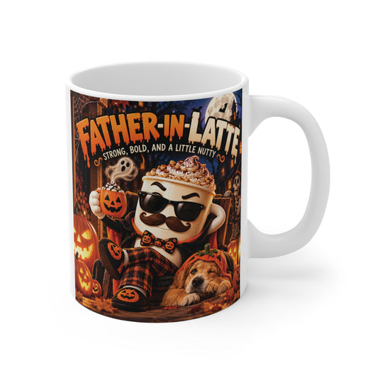 Father-in-Latte Halloween 11oz mug featuring a funny mustached coffee character, pumpkins and Strong Bold and a Little Nutty quote.