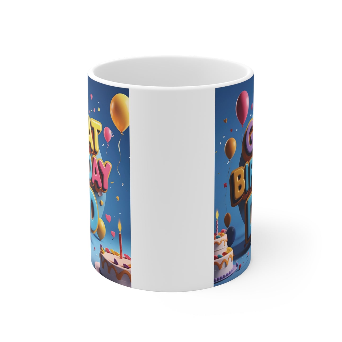Funny birthday mug for dad featuring vibrant Great Birthday Dad text on a blue background