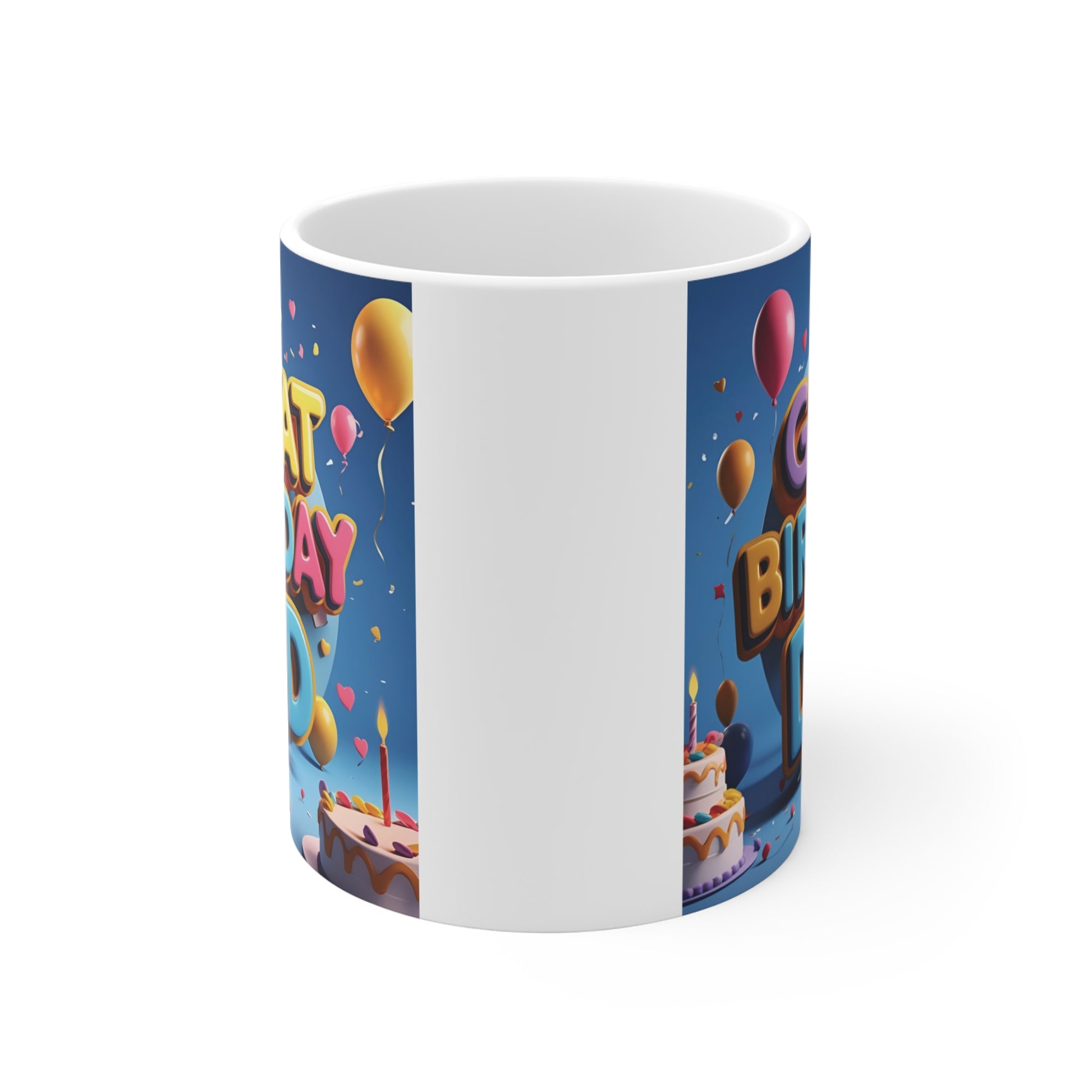 Funny birthday mug for dad featuring vibrant Great Birthday Dad text on a blue background