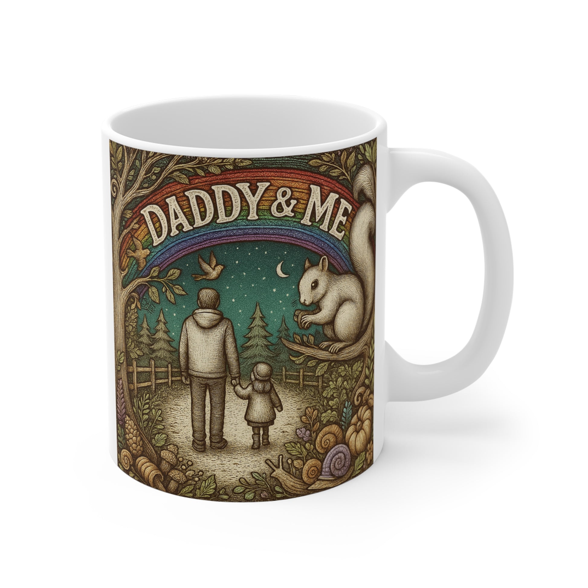 Nature‑themed father and daughter illustration with squirrel, birds, trees, and text Daddy & Me