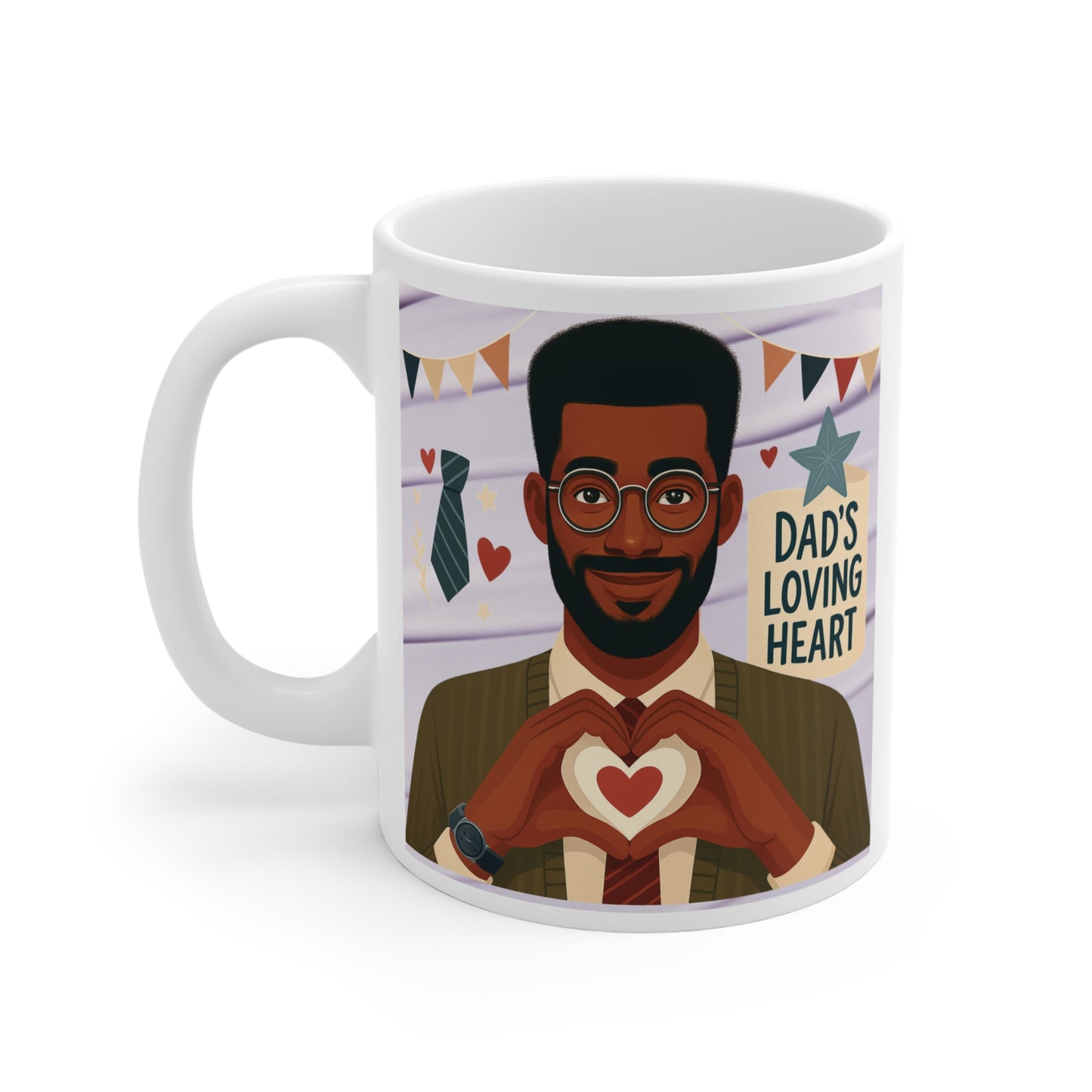 Dad’s Loving Heart mug with illustrated father making heart shape with hands, sentimental Father’s Day gift coffee mug 11oz