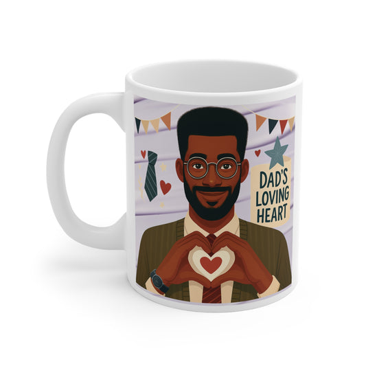 Dad’s Loving Heart mug with illustrated father making heart shape with hands, sentimental Father’s Day gift coffee mug 11oz