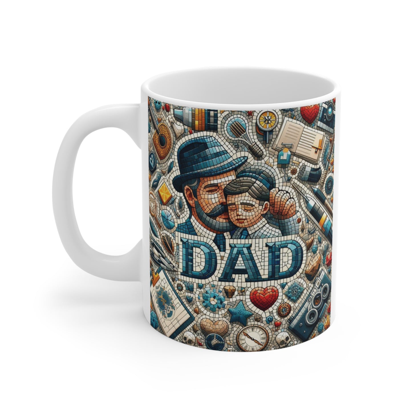 Dad mosaic art coffee mug with father and son illustration, detailed tile pattern and Father’s Day gift design