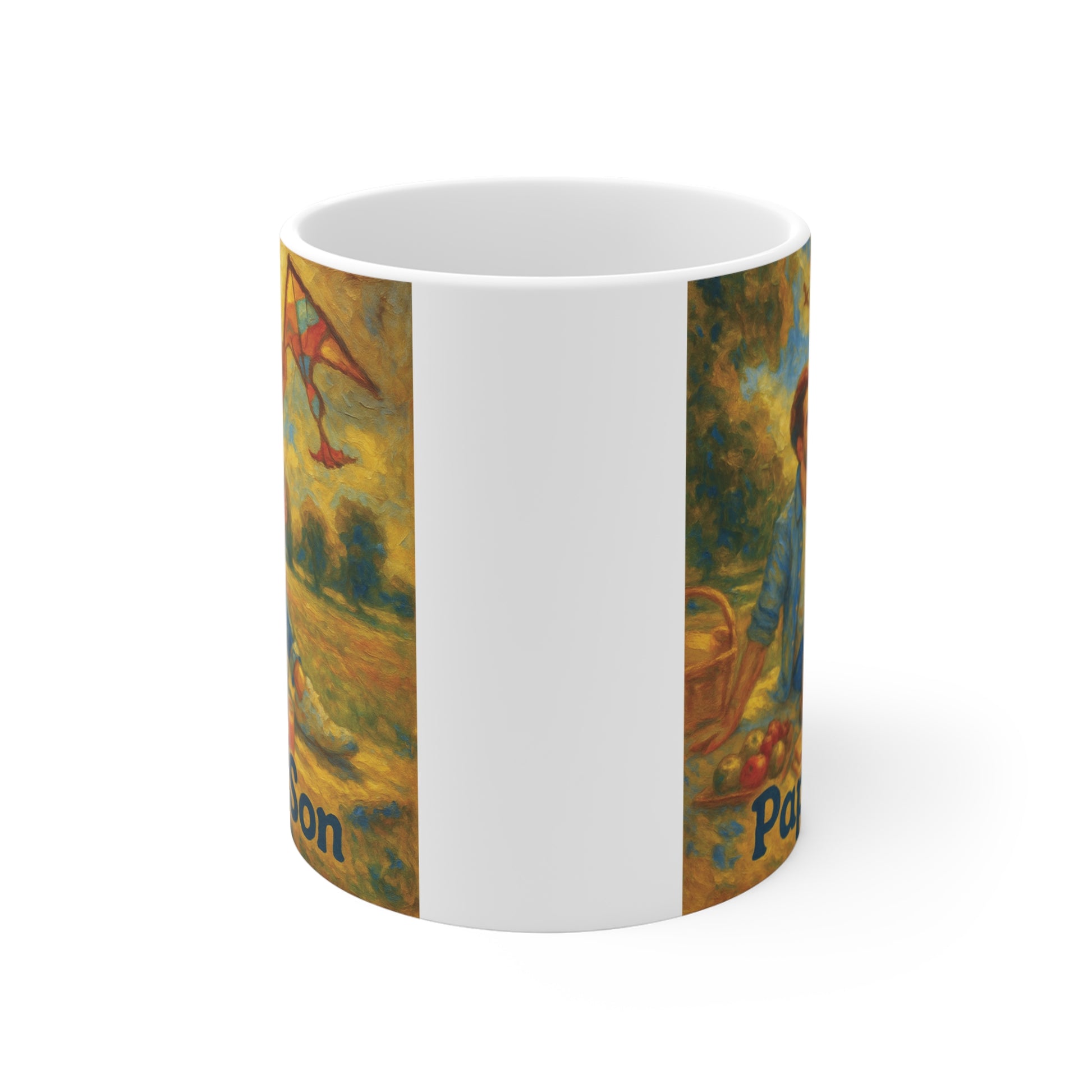 Artistic Papa & Son coffee mug featuring father and boy flying kite in warm sunset landscape, sentimental gift for dads