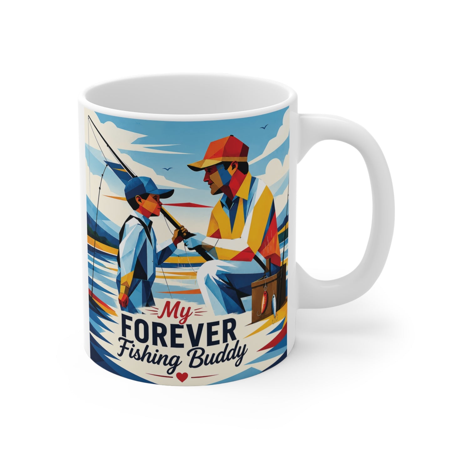 11oz ceramic fishing mug featuring colorful father and son fishing artwork with “My Forever Fishing Buddy” text