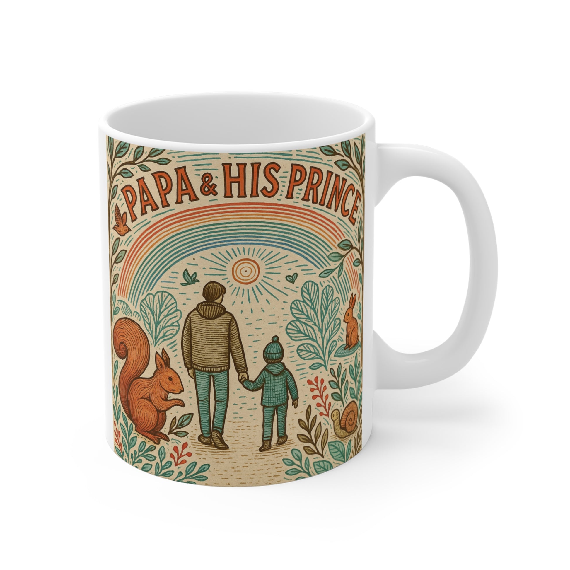 Father and son coffee mug featuring Papa & His Prince quote, woodland animals and rainbow design, meaningful gift for dads