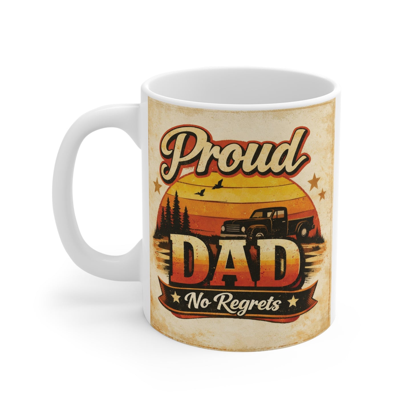 Funny dad coffee cup 11oz with vintage sunset graphic and No Regrets message, masculine gift for father or husband