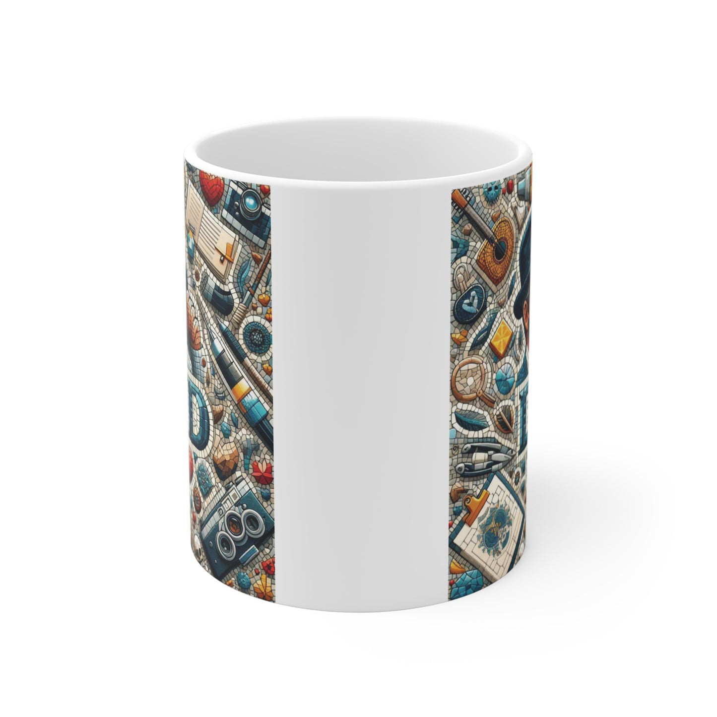 Artistic father and child mug featuring mosaic style illustration with “DAD” text and vintage themed elements