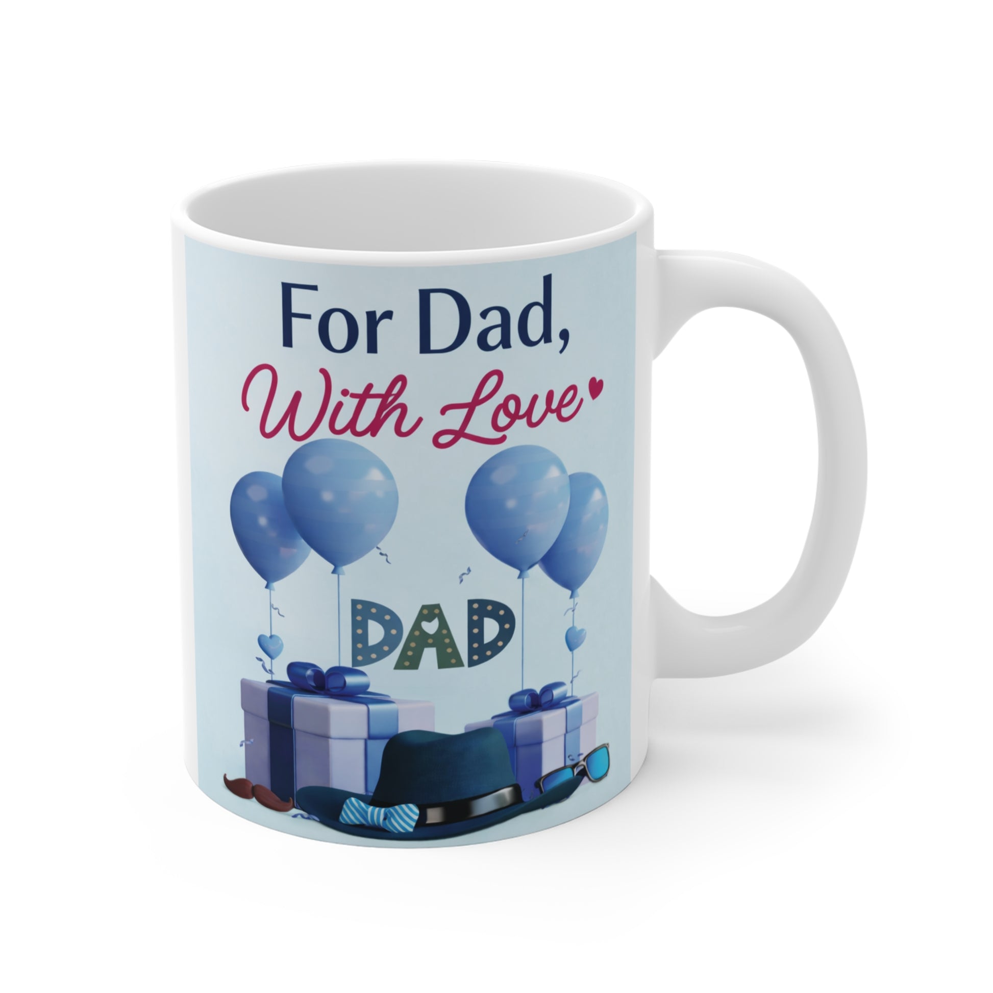 For Dad With Love 11oz mug with blue balloons and gift boxes, heartfelt dad gift coffee mug design