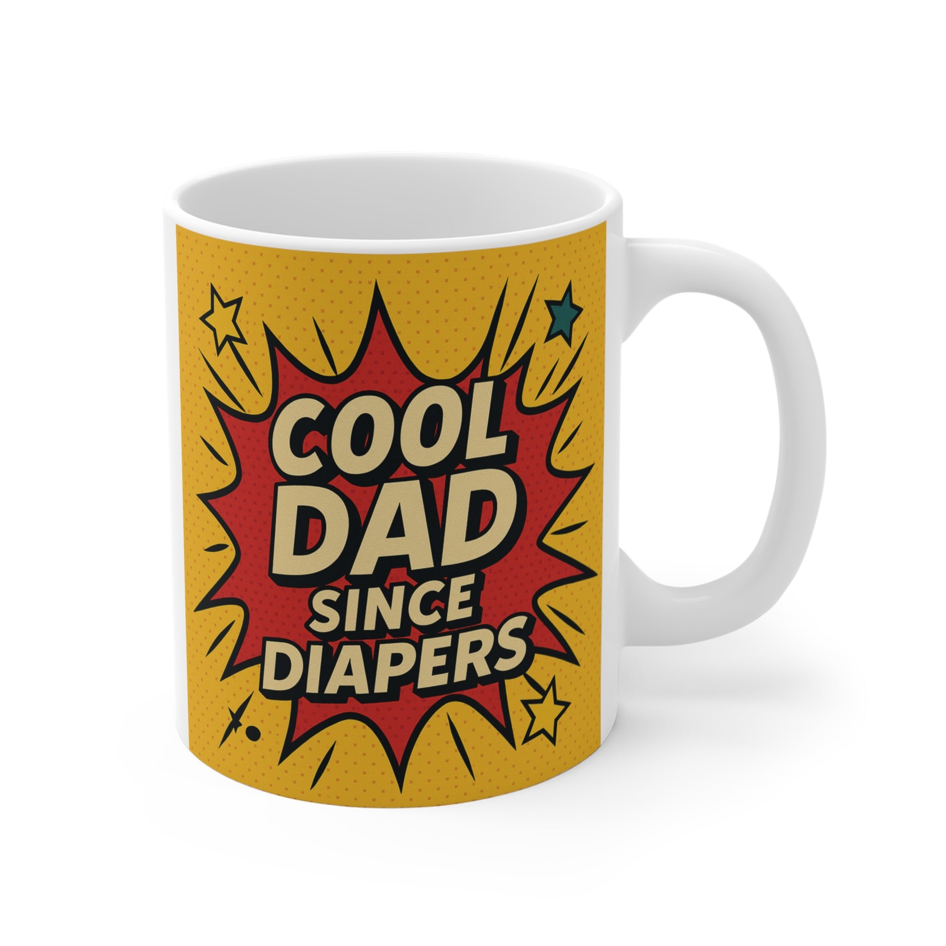 Funny Cool Dad Since Diapers yellow comic-style 11oz ceramic coffee mug