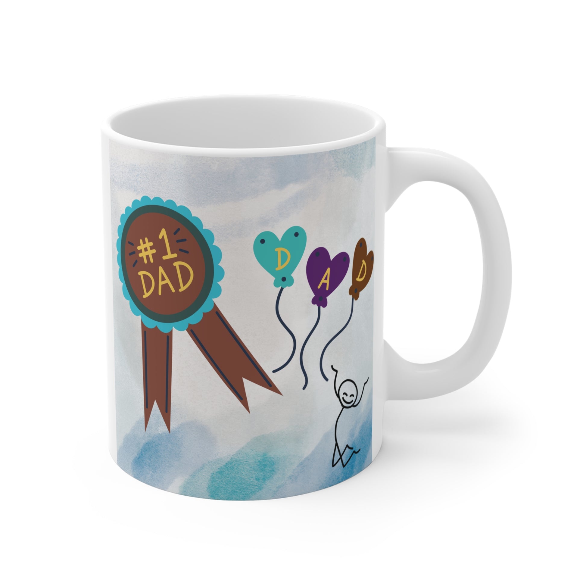 Funny and cute dad coffee mug featuring “#1 Dad” award ribbon and playful balloons with child doodle illustration
