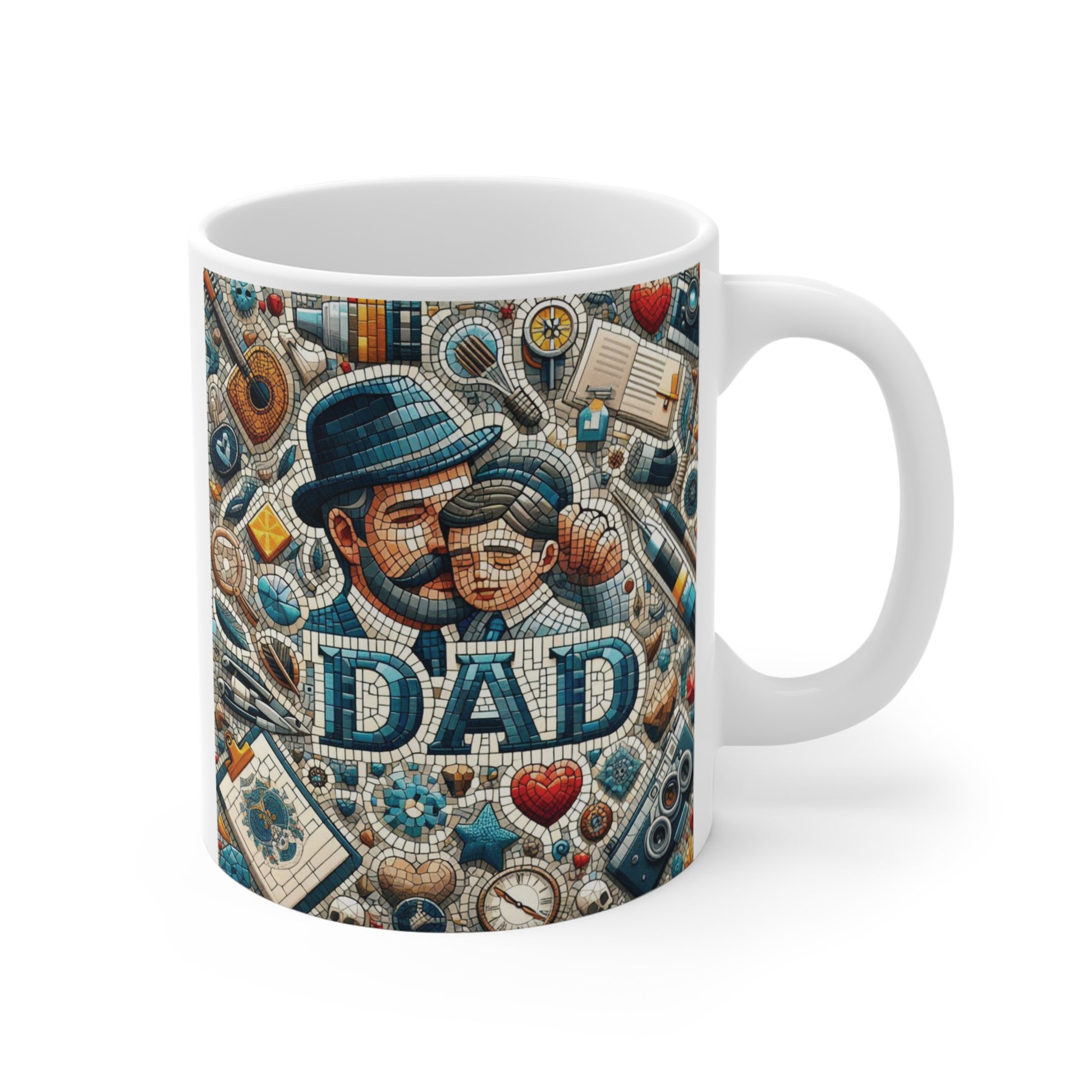 Unique Father’s Day mug with intricate mosaic design, dad and son portrait and colorful decorative pattern