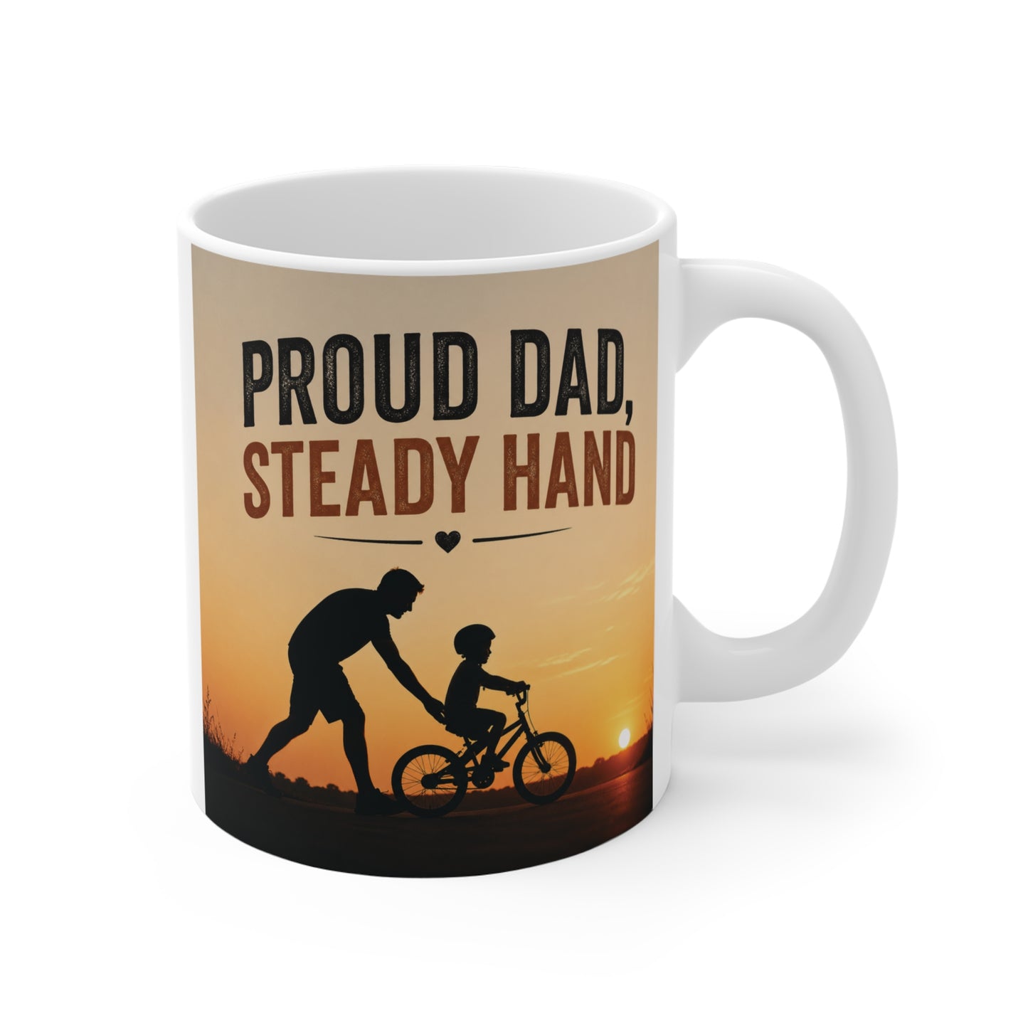 Proud Dad Steady Hand 11oz mug with silhouette of father teaching child to ride a bike at sunset