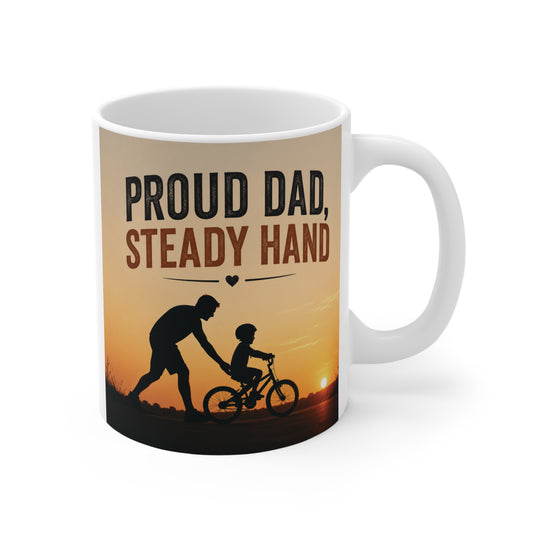 Proud Dad Steady Hand 11oz mug with silhouette of father teaching child to ride a bike at sunset