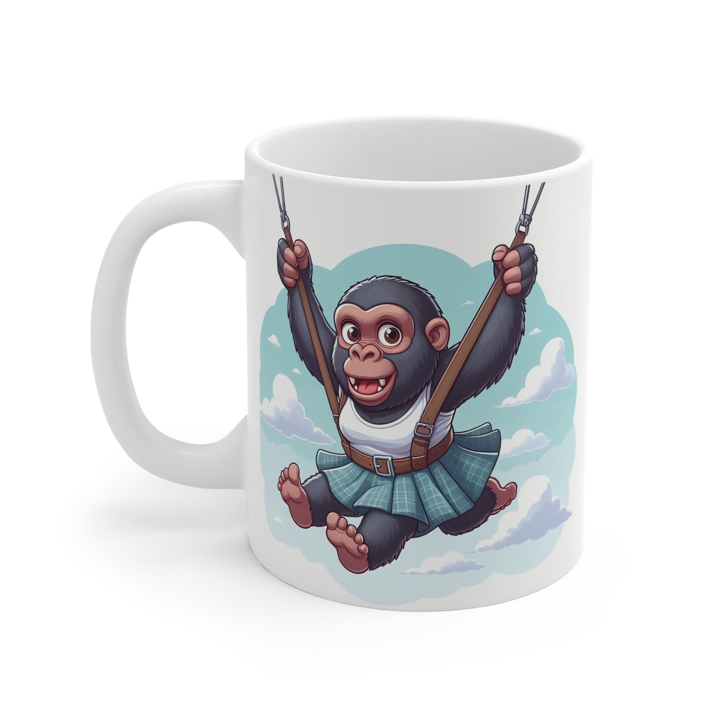 Adorable chimpanzee character flying with straps, playful cartoon ape in clouds, funny animal mug illustration”