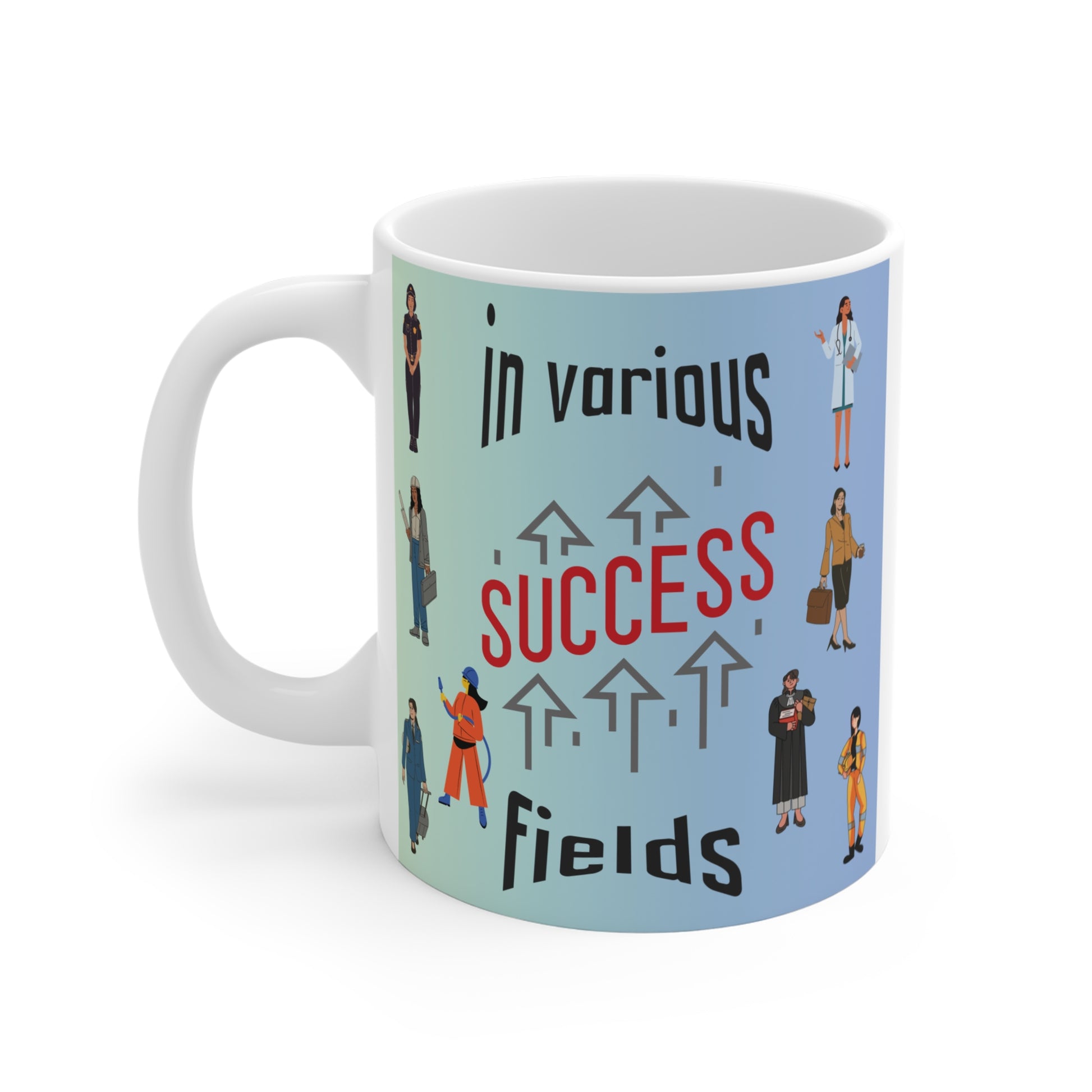 Career success theme mug with professionals icons and upward arrows, motivational quote coffee mug