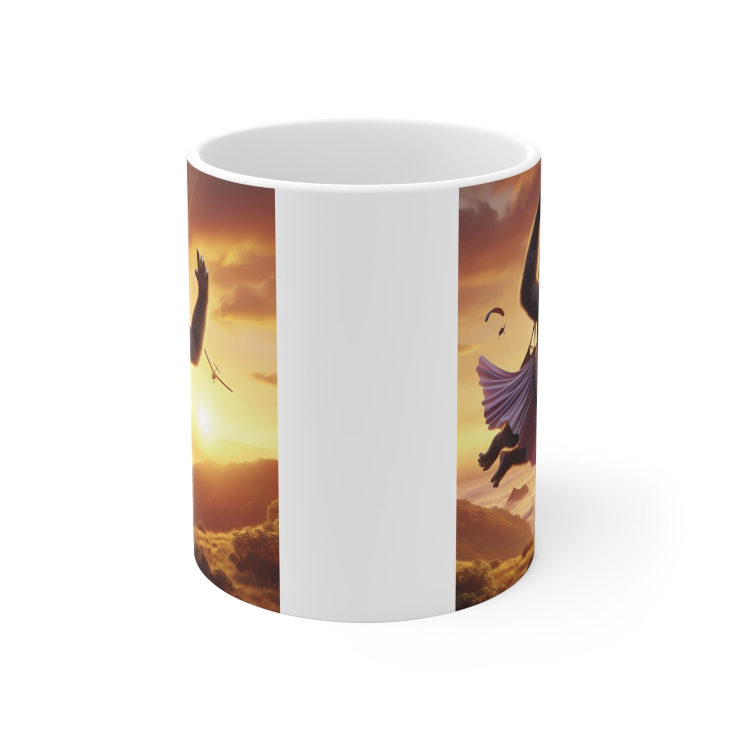 Gorilla parachuting over scenic mountains, printed on a white coffee mug, unique gift for adventure lovers.