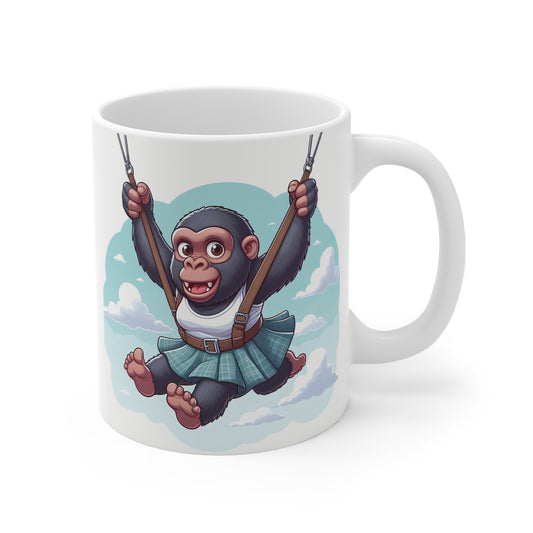 Cute baby gorilla swinging in the sky with harness, cartoon monkey wearing skirt on white coffee mug design