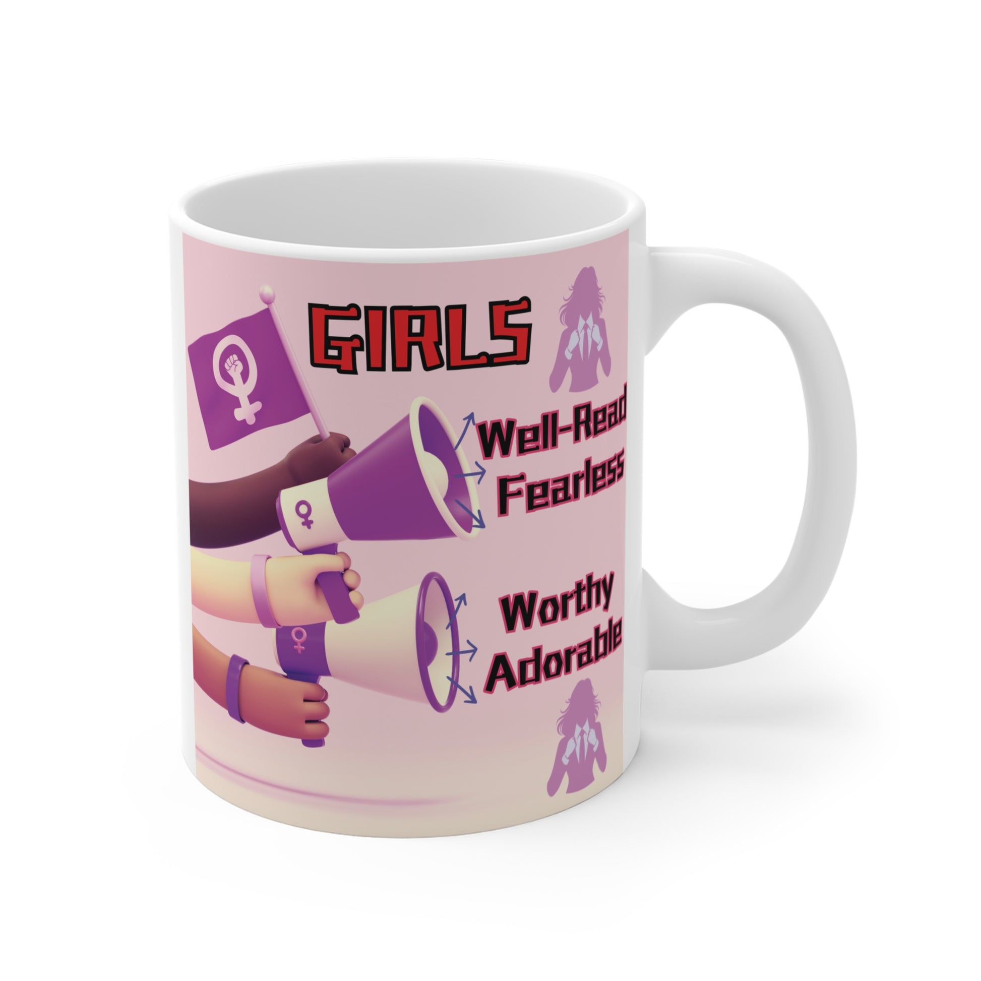 Feminist empowerment mug with “Girls” slogan, megaphone illustration, and words like fearless, worthy, and adorable, girl power gift