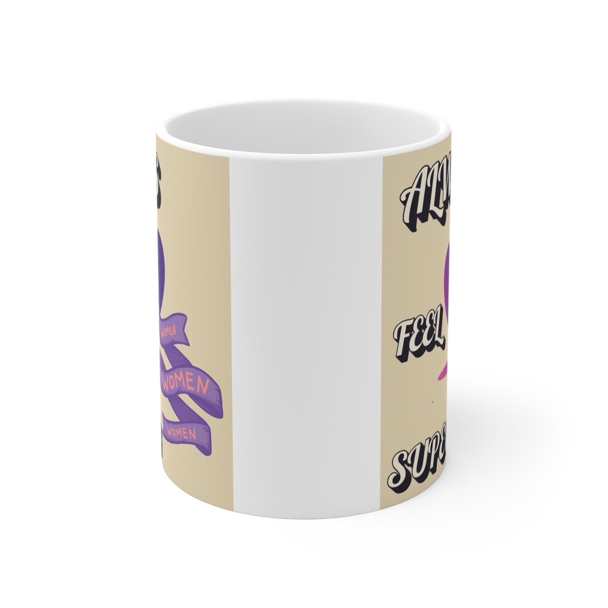 Feminist slogan mug with purple heart and woman silhouette, ‘Always Feel Superior’ design, empowering gift for women