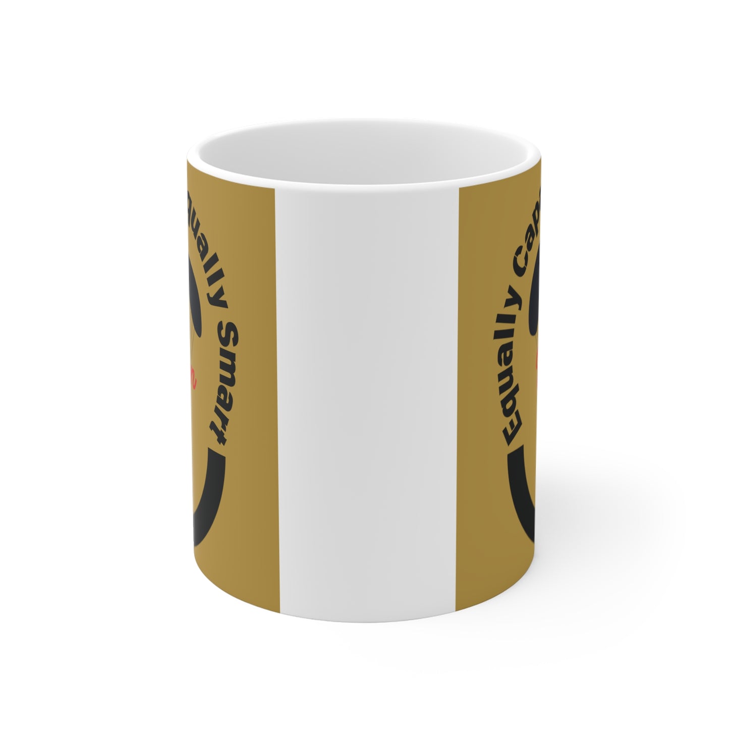 Empowerment coffee mug showing female paraglider graphic with inspirational message 'Equally Capable Equally Smart Women' on white cup.