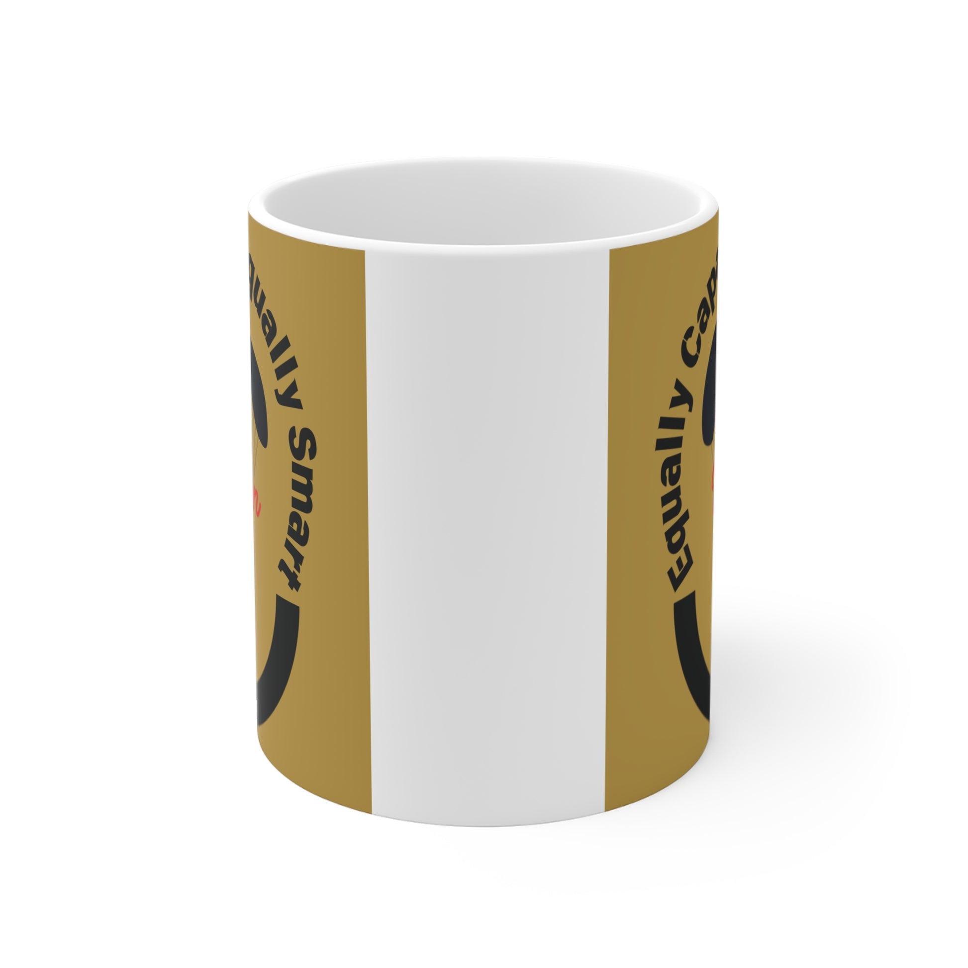 Empowerment coffee mug showing female paraglider graphic with inspirational message 'Equally Capable Equally Smart Women' on white cup.