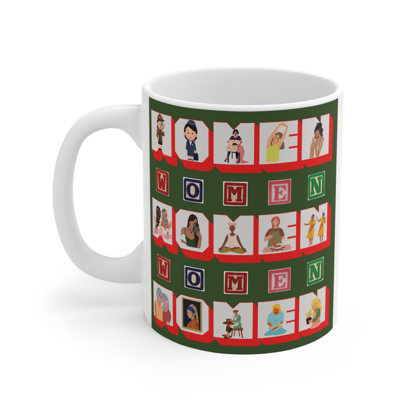 feminist mug featuring illustrated women in various roles with bold ‘Women Women’ text pattern