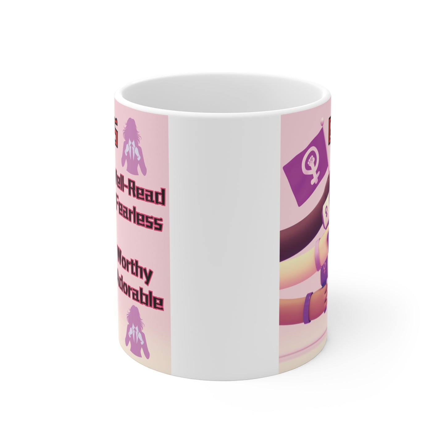 Girl power coffee mug featuring female symbol flag, megaphones, and empowering quotes for women, motivational gift for her