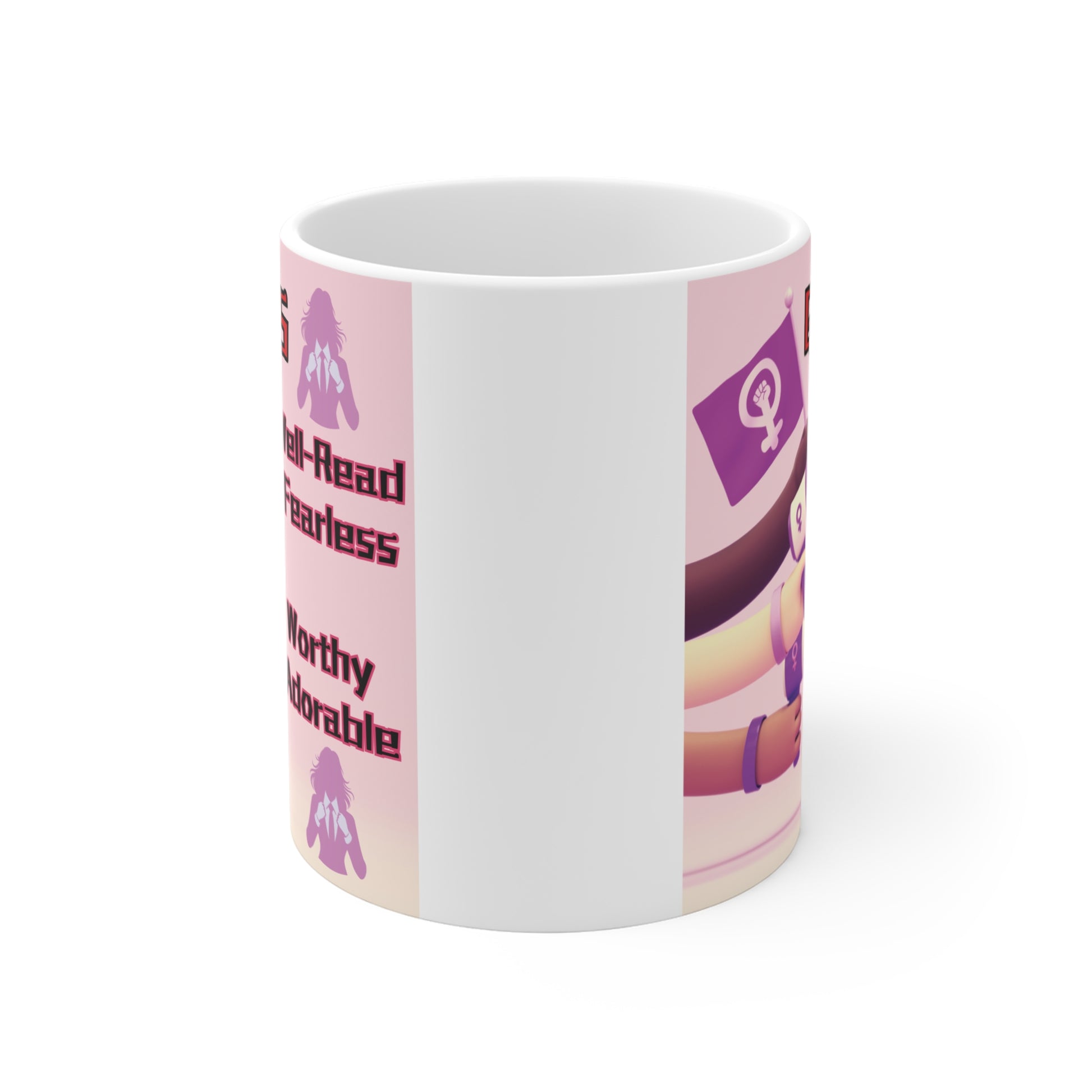Girl power coffee mug featuring female symbol flag, megaphones, and empowering quotes for women, motivational gift for her