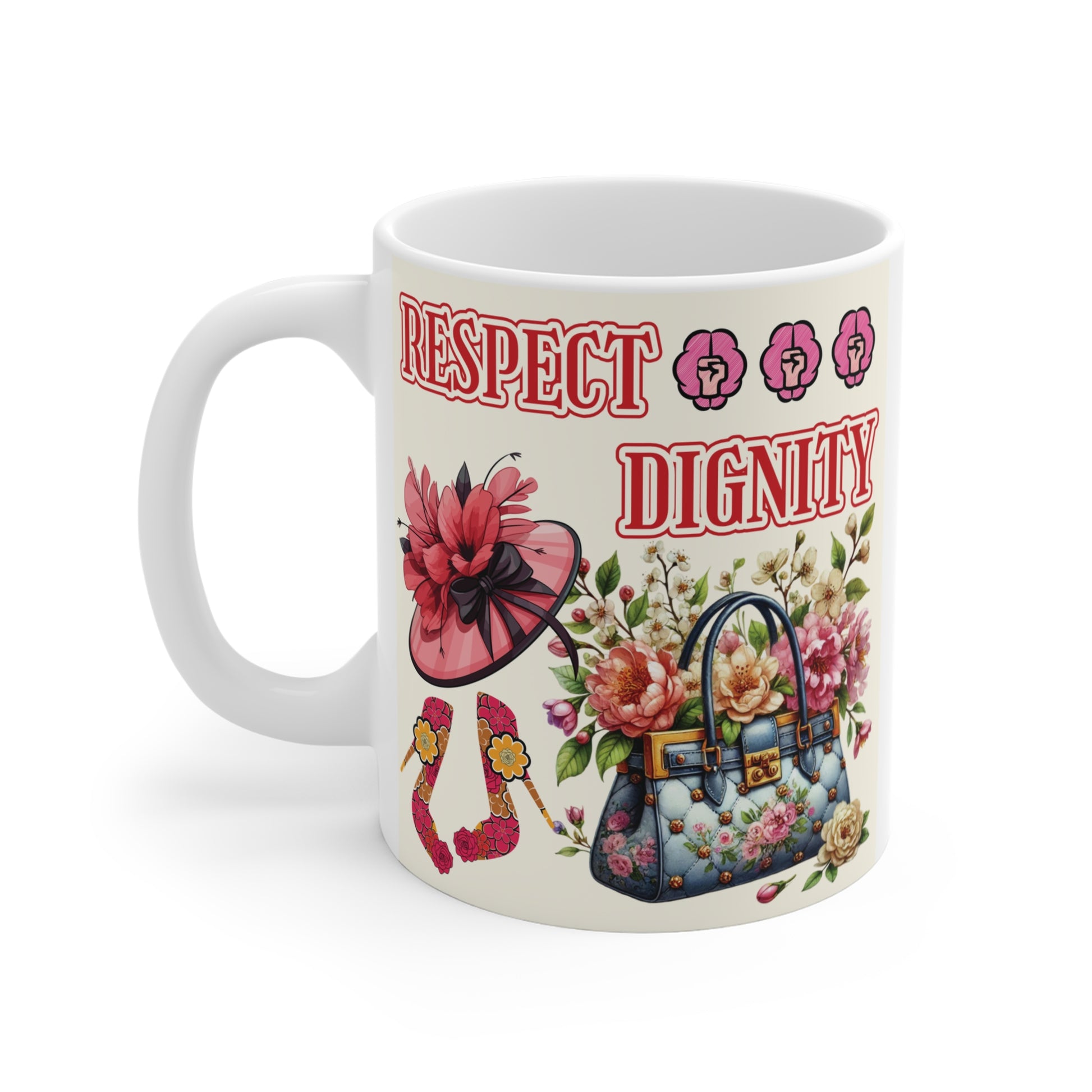Respect dignity feminist mug with floral handbag, high heels, and empowering typography on aesthetic vintage-style design