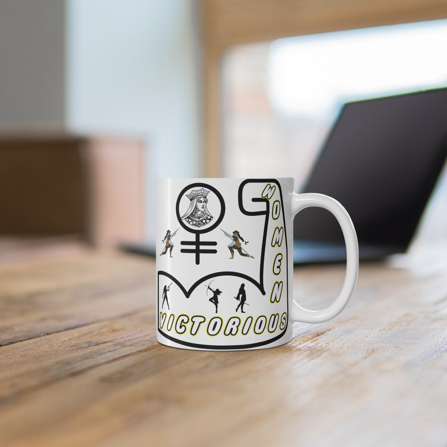 Women empowerment mug with ‘Strong Victorious’ text and female symbol design, feminist coffee mug on wooden table